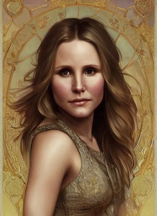 Image similar to beautiful portrait of kristen bell combined with maggie lawson, by magali villeneuve and greg rutkowski and artgerm and alphonse mucha, intricate, elegant, highly detailed, photorealistic, trending on artstation, trending on cgsociety, 8 k, sharp focus