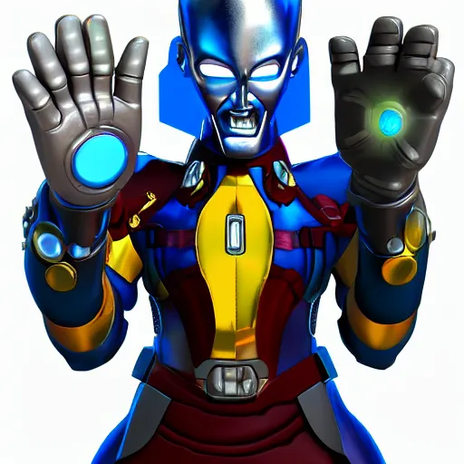 Image similar to megamind wearing the infinity gauntlet dynamic pose 4 k deviantart fanart cinematic shot