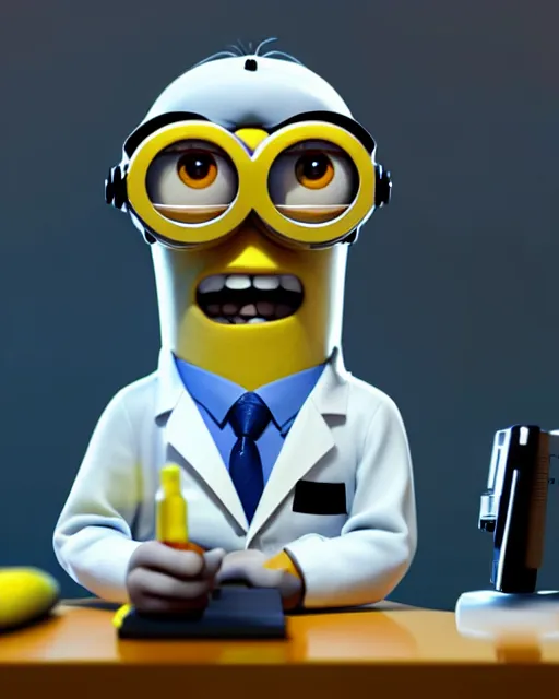 Prompt: minions full body character portrait of a beautiful nerdy scientist wearing glasses, at a work desk thinking intensely, wearing combination of lab - coat and mecha suit, laboratory in the background, artstation scifi accurate character, unreal engine, 4 k digital camera, sharp focus, movie still