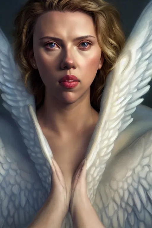 Image similar to Scarlett Johansson as a Heavenly Angel ,anatomy, only two hands, highly detailed, digital painting, artstation, concept art, smooth, sharp focus, illustration, Unreal Engine 5, 8K, art by art by artgerm and greg rutkowski and edgar maxence