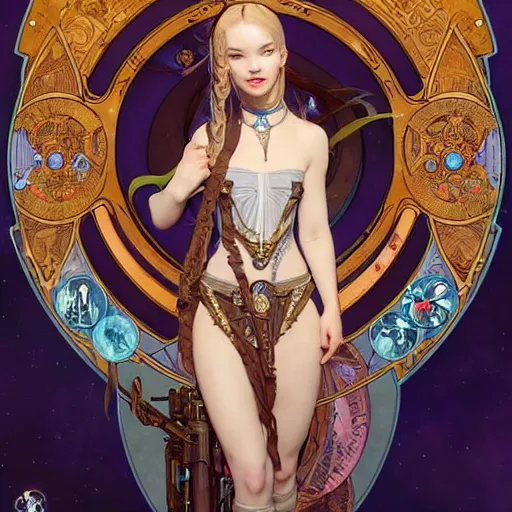 Image similar to full portrait of space pirate played by a woman who is a perfect mix of lalisa gray and dove cameron, fantasy, d & d, intricate, detailed, by by alphonse mucha, adolfo hohenstein, alice russell glenny, stanley artgerm lau, greg rutkowski, detailed, trending on artstation, trending on artstation, smooth