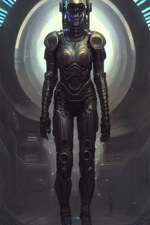 Prompt: gorgeous girl as a realistic sci - fi cyberpunk knight, full body art by donato giancola and greg rutkowski, realistic face, digital art, trending on artstation, skull helmet, symmetry!!!