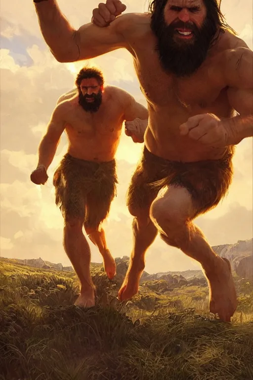 Image similar to chris evans cave man clothes fighting in the sun, yellow lighting ultra realistic photorealistic highly detailed high quality, a stunningly, digital painting, artstation, concept art, smooth, sharp focus, illustration, art by artgerm and greg rutkowski and alphonse mucha 8 k