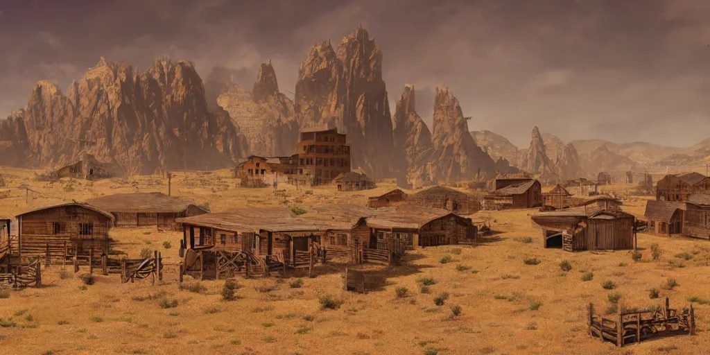 Prompt: wild wild west with old cowboy buildings, matte painting, concept art, 4 k