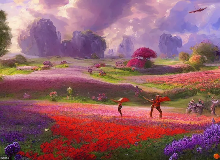 Prompt: what was once a bloody battlefield is now a flower field in the cosmic sky by vladimir volegov and alexander averin and peder mørk mønsted and adrian smith and raphael lacoste