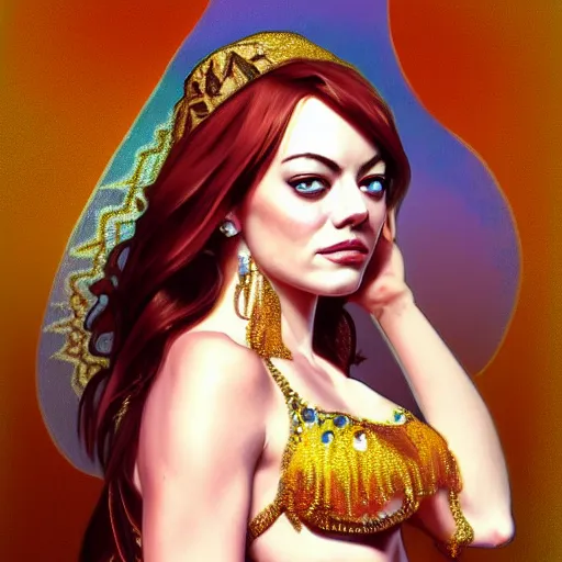 Image similar to a photorealistic portrait of emma stone dressed as a belly dancer, arabian night, high quality, fully detailed, 4 k, in focus sharp face with fine details, realistic hand details and anatomy, inspired by belly dancer on youtube, alphonse mucha, masterpiece, stunning, artstation