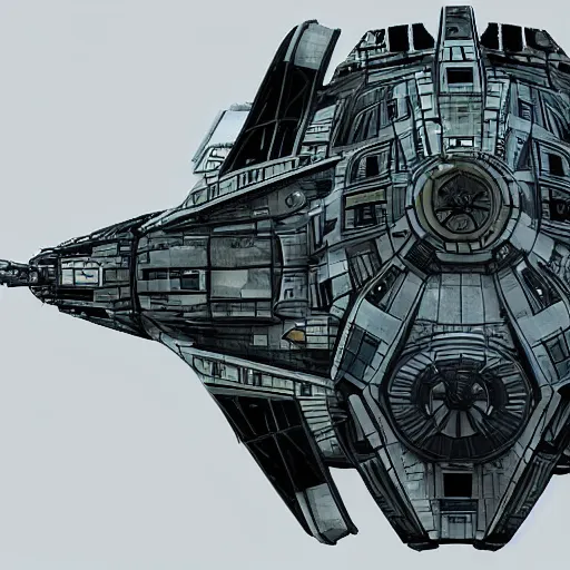 Image similar to the millennium falcon but if it was created by the mandalorians.