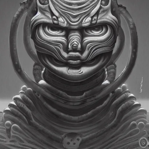 Image similar to naraka buddhist demon korean female, happy alien, high tech armor, tubular creature, blood vessels, no face, dystopian surrealism, alex ries zdzisław beksinski, symmetrical long head, smooth marble surfaces, smooth marble surfaces, detailed ink illustration, detailed ink illustration, raiden metal gear, cinematic smooth stone, deep aesthetic