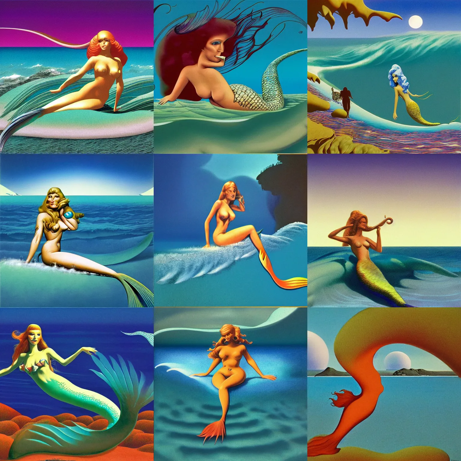 Prompt: Mermaid on a Wave by Roger Dean, Album art, 1970s, 4k