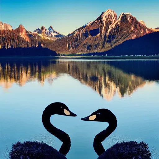 Image similar to photo of two black swans swimming in a beautiful reflective mountain lake, touching heads, forming a heart with their necks, a colorful hot air balloon is flying above the swans, hot air balloon, intricate, 8k highly professionally detailed, HDR, CGsociety