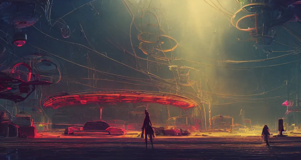 Prompt: beautiful low angle painting of ab alien world with unknown structures and technology, steampunk, wires everywhere, junk on the ground, neon lights, red neon highlights, a tiny girl watching on, moody atmosphere, epic composition, dramatic lighting, trending on artstation, octane render, by robert zemeckis