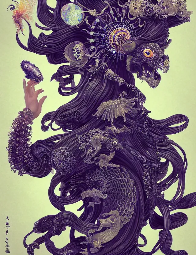 Image similar to 3 d goddess close - up portrait with crown, ram skull. beautiful intricately detailed japanese crow kitsune mask and clasical japanese kimono. betta fish, jellyfish phoenix, bioluminescent, plasma, ice, water, wind, creature, artwork by tooth wu and wlop and beeple and greg rutkowski