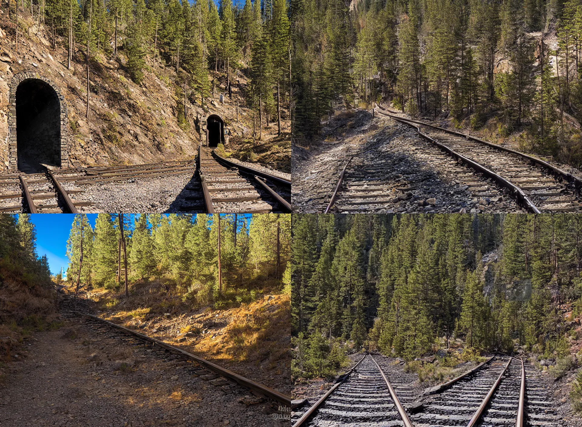 Prompt: entrance to an abandoned mine, rail tracks lead from the mine a mine cart sits on the tracks, sheer cliffs, high elevation, sparse pine forest long shadows, golden hour, wide angle looking at mine shaft