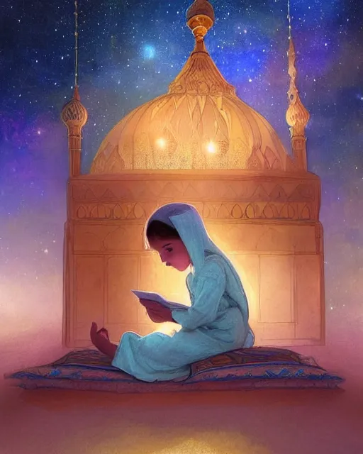 Image similar to bedouin child reading the quran inside of the mosque in the galaxy surrounded by nebula, highly detailed, gold filigree, romantic storybook fantasy, soft cinematic lighting, award, disney concept art watercolor illustration by mandy jurgens and alphonse mucha and alena aenami, pastel color palette, featured on artstation