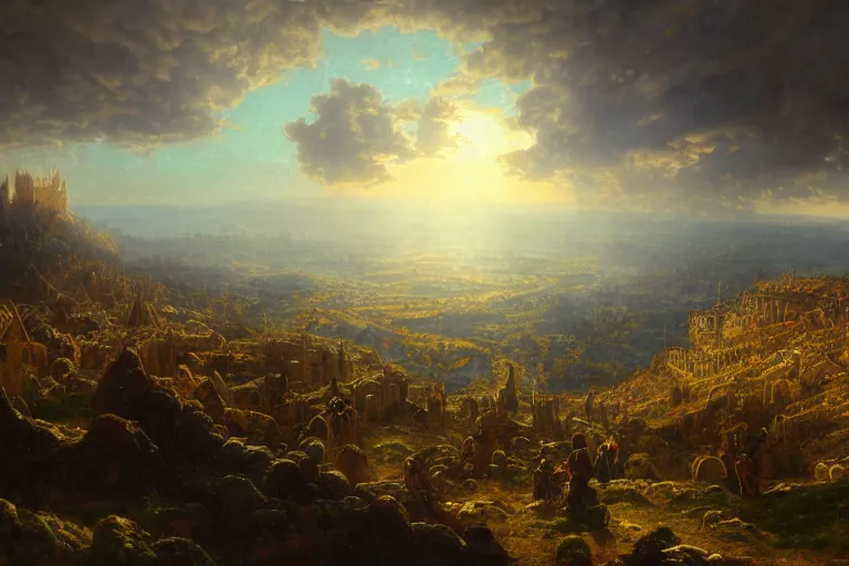 Image similar to an ultra detailed matte landscape painting of king richard the lionhearted as a shonen anime protagonist attacking jerusalem, 8 k, volumetric lighting, art by albert bierstadt and greg rutkowsi