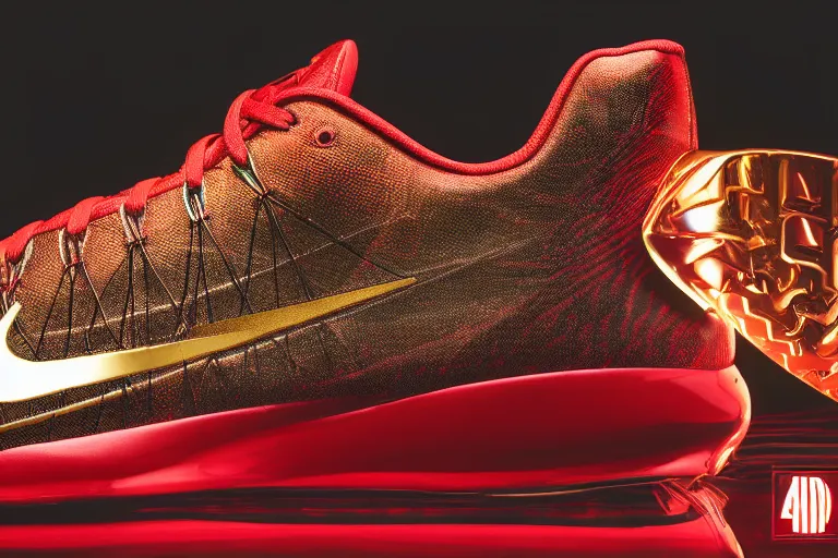 Image similar to mid product still of The New metallic red and gold Ironman Nike sneakers with glowing arc reactor swoosh and carbon fiber accents, 4k