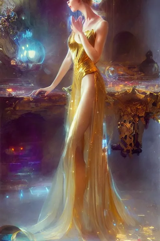 Image similar to cyberpunk beautiful girl, light body golden armor, flowing gown by vladimir volegov and alexander averin and delphin enjolras and daniel f. gerhartz