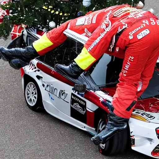 Image similar to Petter Solberg after he crashed into the christmas tree