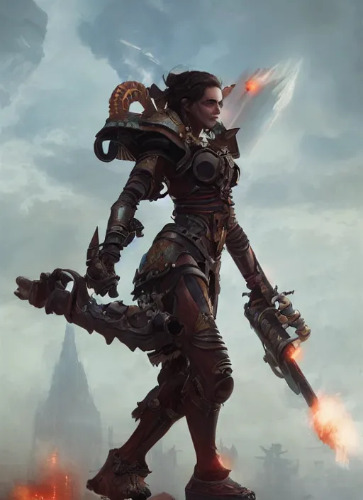 Image similar to hyper realistic heroic warhammer machine warrior android girl, cinematic, chaos marine, emma watson, artstation, cgsociety, full body, greg rutkowski, james gurney, mignola, craig mullins, brom redshift, vray, octane