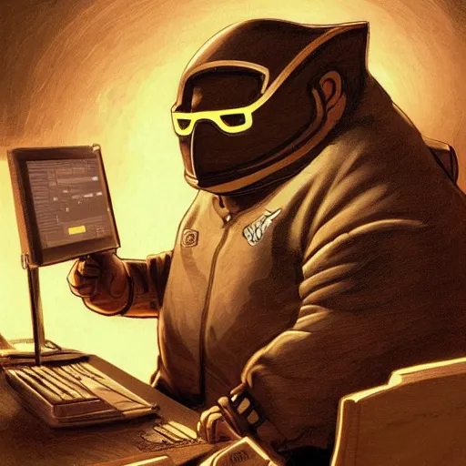 Image similar to an insanely detailed painting of a chubby nerdy asian man wearing a homemade superhero costume and mask, sitting at a computer desk typing on the keyboard, in the style of peter mohrbacher, dramatic lighting and composition, trending on artstation, concept art, comic book, graphic novel, back view