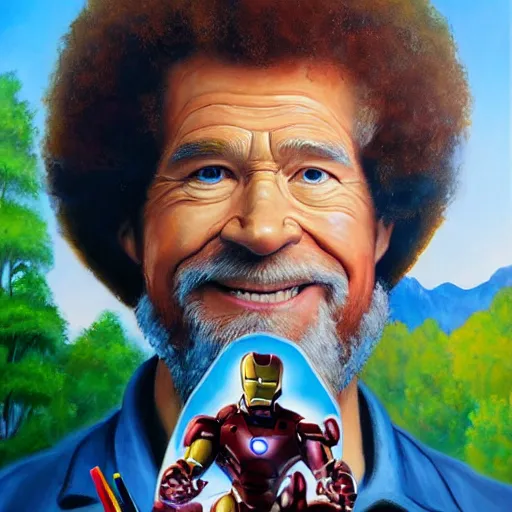 Image similar to a closeup photorealistic photograph of bob ross holding a paintbrush and diligently finishing a canvas painting depicting iron man. mountains and trees. film still. brightly lit scene. this 4 k hd image is trending on artstation, featured on behance, well - rendered, extra crisp, features intricate detail, epic composition and the style of unreal engine.