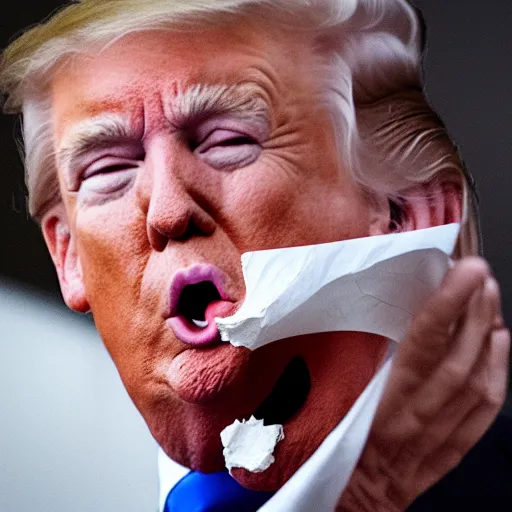 Image similar to candid portrait photo of president trump shoving a crumpled up wad of paper into his mouth