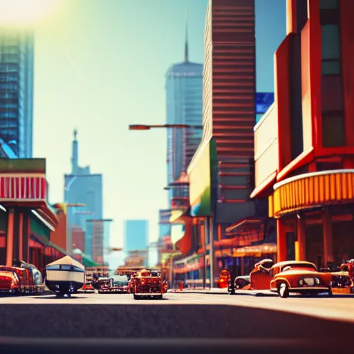 Image similar to street scene, retro futuristic vintage shiny polished traffic mainly cars and motorcycles, volumetric lighting, beautiful, day time, spring, sunny weather, sharp focus, highly detailed, photorealistic, 4 0 0 0 k, f 1. 4, cgsociety