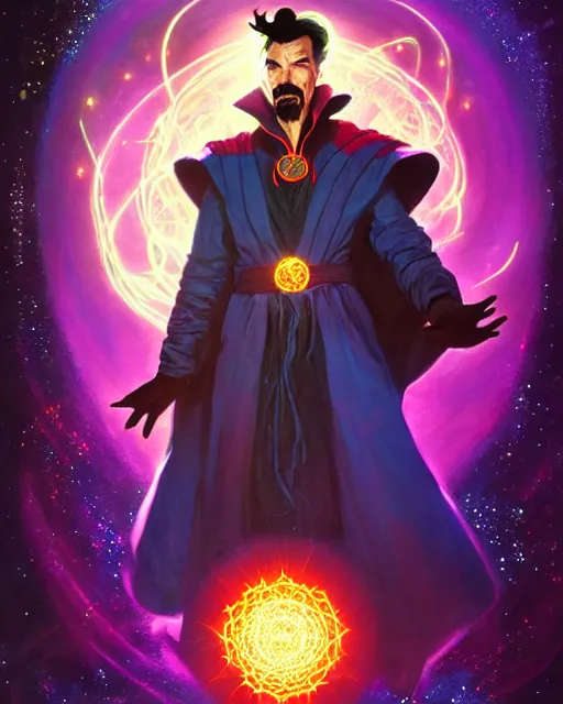 Prompt: a character portrait of dr. strange with glow, surrounded with spiriling sparkling flash crystals and galaxies, by jesper ejsing, aleksi briclot, hyper light drifter, by ilya kuvshinov katsuhiro, jim burns, ed emshwiller, greg rutkowski, trending on artstation