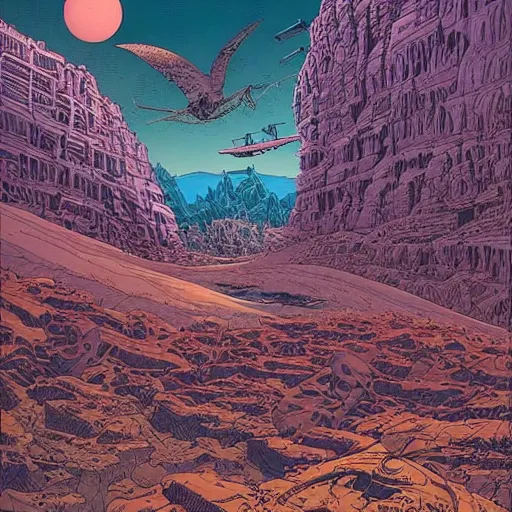 Image similar to an epic horrifying fantastic hyperdetailed matte painting beautiful retro sci fi landscape, by moebius by geoff darrow by dan mumford