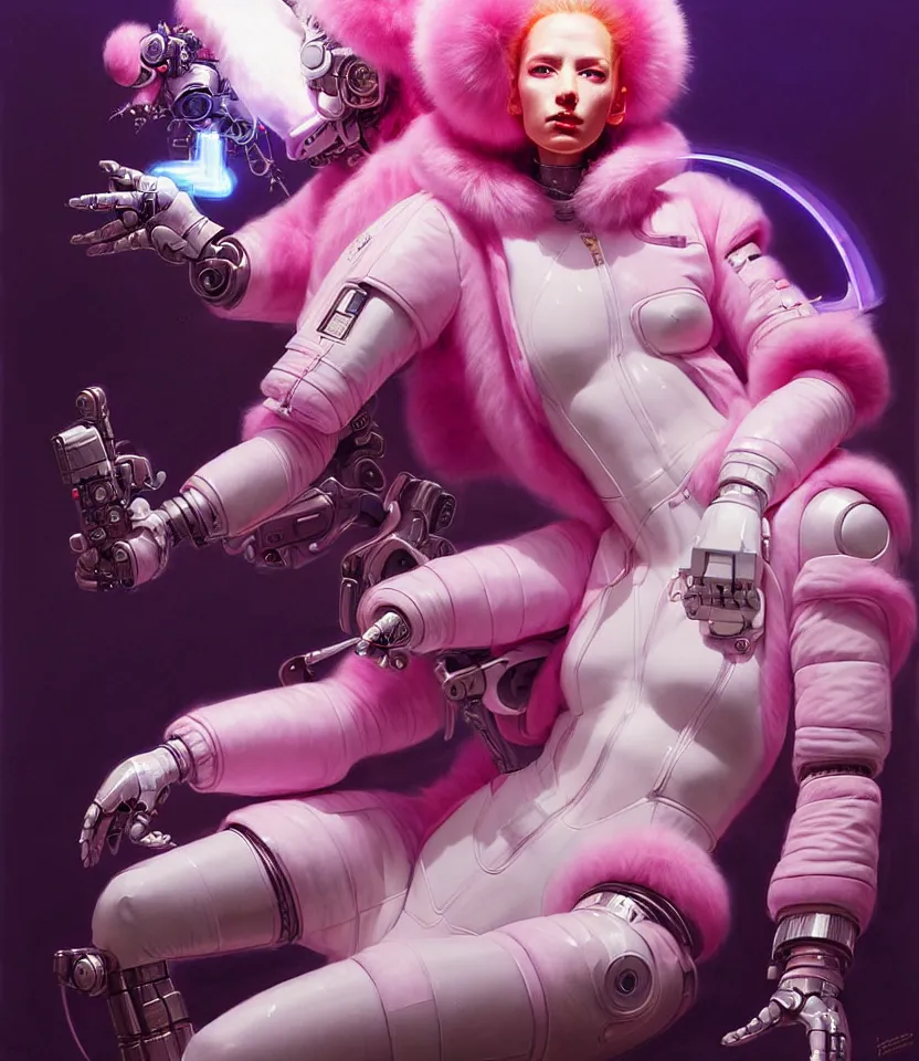 Image similar to beautiful fantasy character portrait of a female cyborg, wearing pink puffy bomber jacket with white fur, seductive reclining pose, lasers, ultra realistic, dramatic lighting, robots, the fifth element artifacts, highly detailed by peter mohrbacher, hajime sorayama, wayne barlowe, boris vallejo, aaron horkey, gaston bussiere, craig mullins