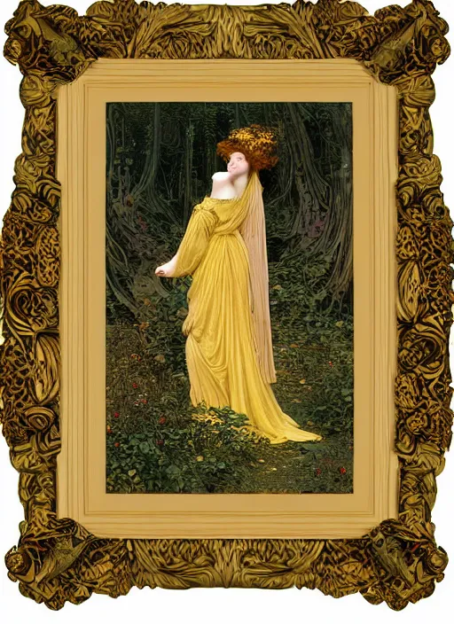 Prompt: masterpiece beautiful seductive flowing curves pose preraphaelite portrait photography, extreme closeup shot, straight bangs, thick set features, yellow ochre ornate medieval dress, amongst foliage mushroom forest arch, circle, william morris and kilian eng and mucha, framed, 4 k