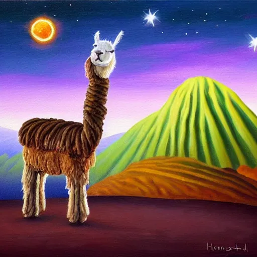 Prompt: llama with dreadlocks, desert, starfall in the night sky on background, hyperrealistic oil painting