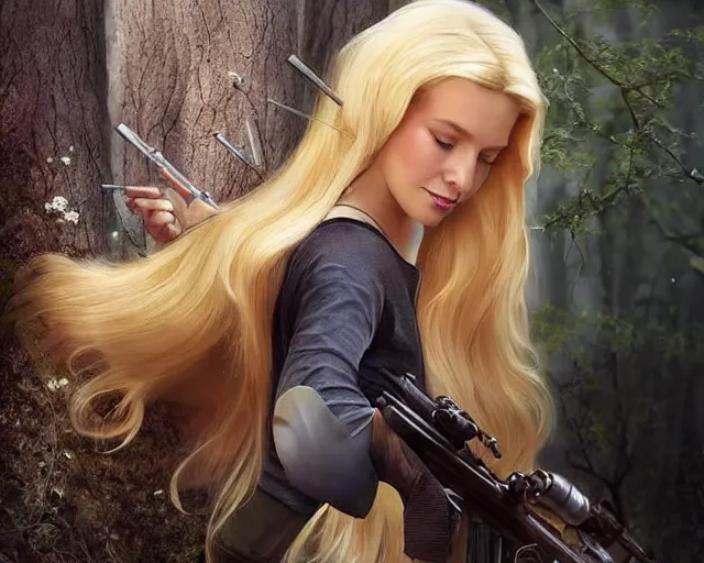 Image similar to disney princess with long blonde hair versus m 9 0 sniper rifle : : weta disney pixar movie still photo : : hi - fructose, decadent highly - detailed digital painting, golden ratio, octane render, artstation, smooth, sharp focus, artgerm, mucha, loish, wlop