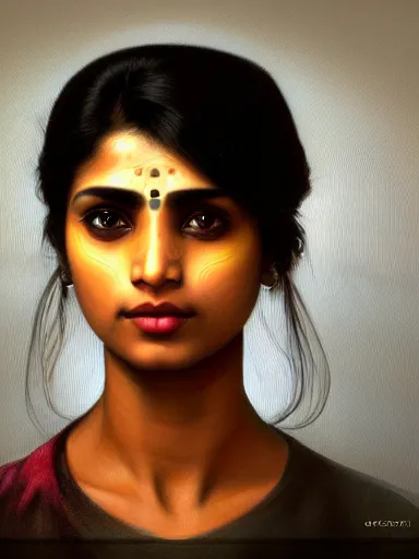 Prompt: portrait of a south asian woman wearing a dark shirt, upper body 2d game avatar, default pose neutral expression, face-on, close-up, eye-contact, Donato Giancola, chiaroscuro lighting, vibrant expressive colours, shape language, Alphonse Mucha/Gustav Klimt style, alpha masked transparent flat grey background, 4k, volumetric lighting, French Nouveau, trending on artstation, octane render, hyperrealistic