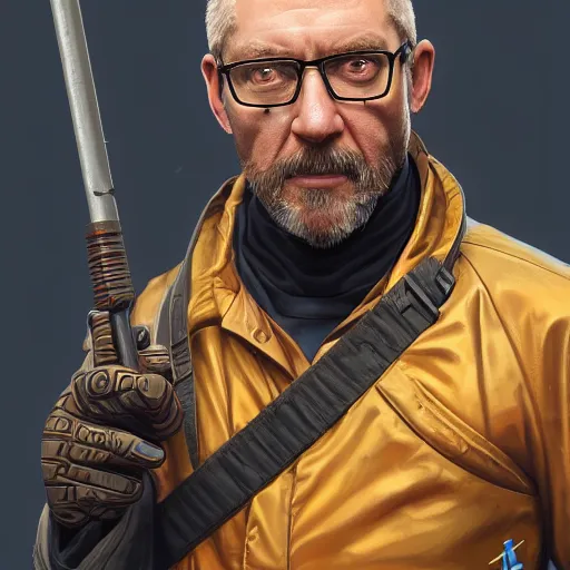 Image similar to gordan freeman from half - life holding a crowbar, intricate, highly detailed, digital painting, trending on artstation, concept art, smooth, sharp focus, illustration, unreal engine 5, 8 k, art by artgerm and greg rutkowski and alphonse mucha