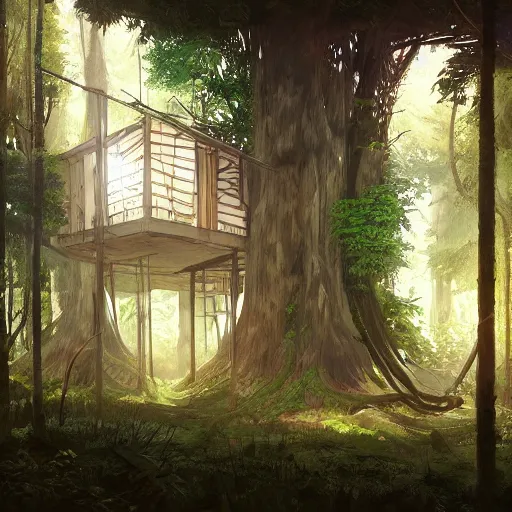 Image similar to concept art painting of treehouses made out of trees, walkways between trees, trees with doors and windows in a deep forest, realistic, detailed, cel shaded, in the style of makoto shinkai and greg rutkowski and james gurney