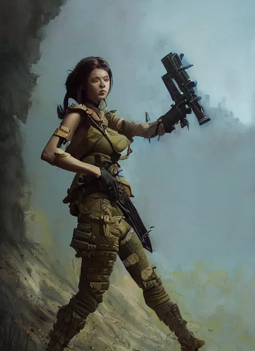 Image similar to hyper realistic painting of fantasy soldier girl, full body, rule of thirds, conceptart, saturated colors, cinematic, greg rutkowski, brom, james gurney, mignola, craig mullins, alan lee