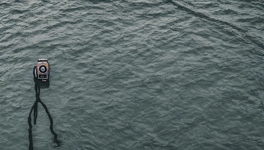 Image similar to photo of a rope on the surface of water, in the middle of a lake, overcast day, rocky foreground, 2 4 mm leica anamorphic lens, moody scene, stunning composition, hyper detailed, color kodak film stock