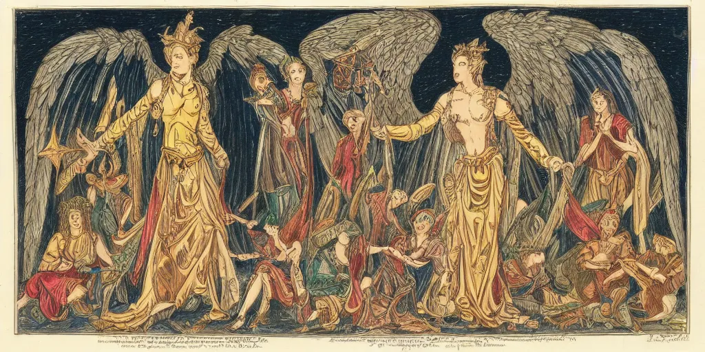 Image similar to an elegant archangel getting summoned from a group of temple knights, summoning circle, thunderstorm, highly intricate detailed colored ink drawing