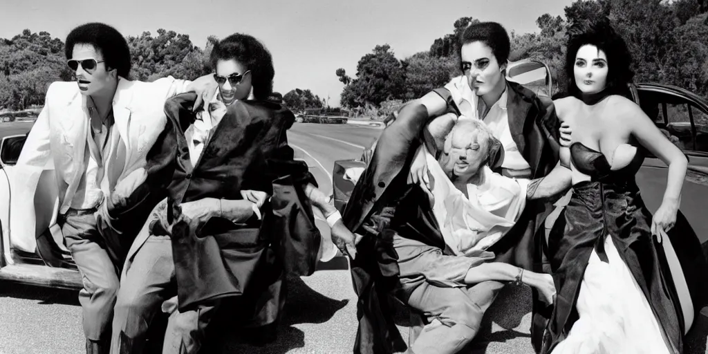 Prompt: photoshoot of marlon brando, michael jackson and old elizabeth taylor together at a freeway rest stop in the style of annie leibovitz