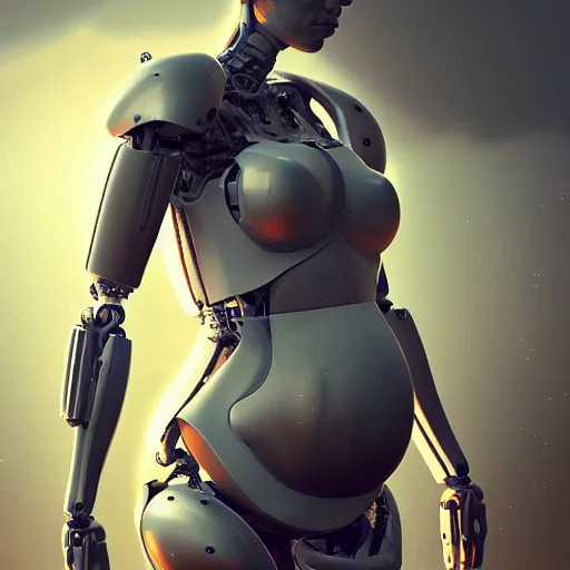 Image similar to pregnant female cyborg, robot anatomy elements, female body elements, cozy atmospheric and cinematic lighting, ultra rendered extreme realism and detail, 8 k, linear gamma, dynamic pose, dissolution filter, turbulence filter, sophisticated composition, old masters light composition, procedurally generated, pbr, in style of old masters, photorealistic, full length, sharp focus,