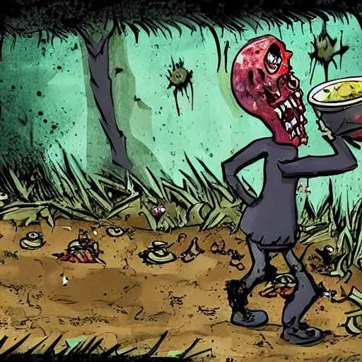 Image similar to a zombie puts out a bowl of soup as a trap for adventurers looking to loot his fake corpse, but they walk right past it and into a pitfall while he laughs at them from behind the bushes, digital art