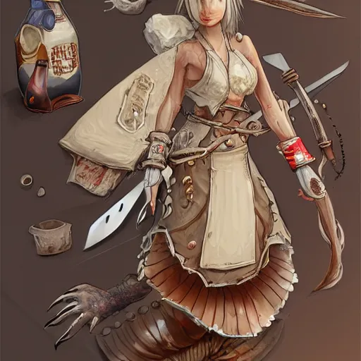 Prompt: old dirty wide ogr apron with huge knives, bottles of spices, pieces of octopus, final fantasy, highly detailed, trending on artstation