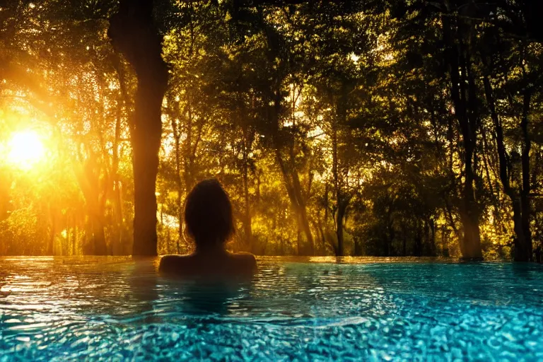 Image similar to a beautiful woman bathing in a serene forest pool, silhouetted against the setting sun