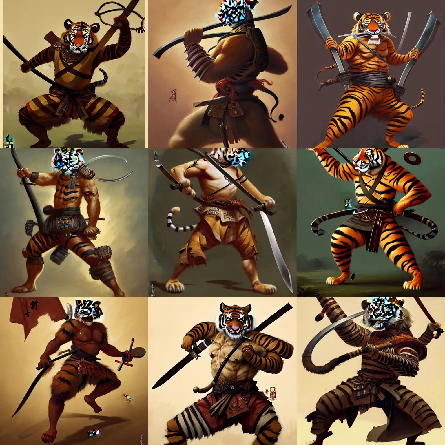 Prompt: a detailed full-body photo of anthropomorph tiger wearing heavy samurai armor, holding a katana, by Greg Rutkowski and Peter Mohrbacher and Tony Sart