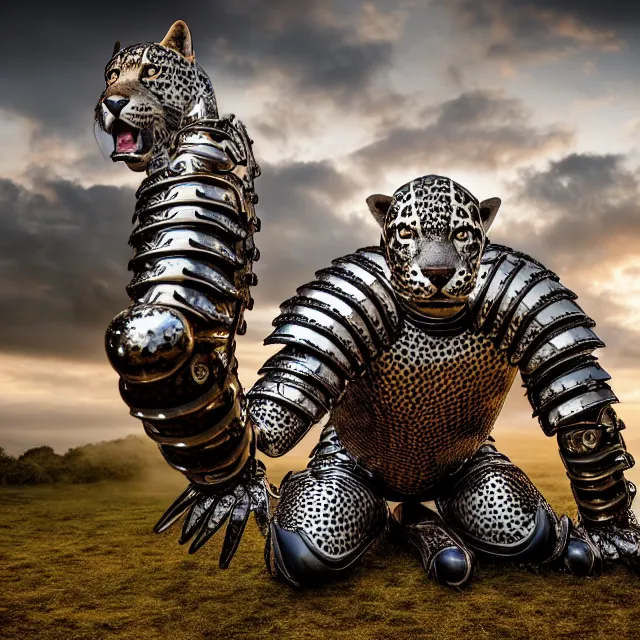 Prompt: full length photo of a jaguar man wearing armour, highly detailed, 4 k, hdr, smooth, sharp focus, high resolution, award - winning photo