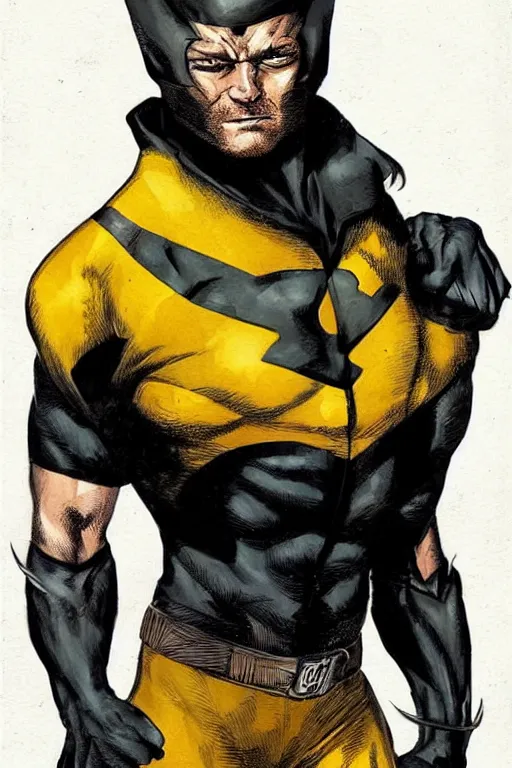 Image similar to taron egerton as wolverine with a full costume and cowl. art by gaston bussierez.