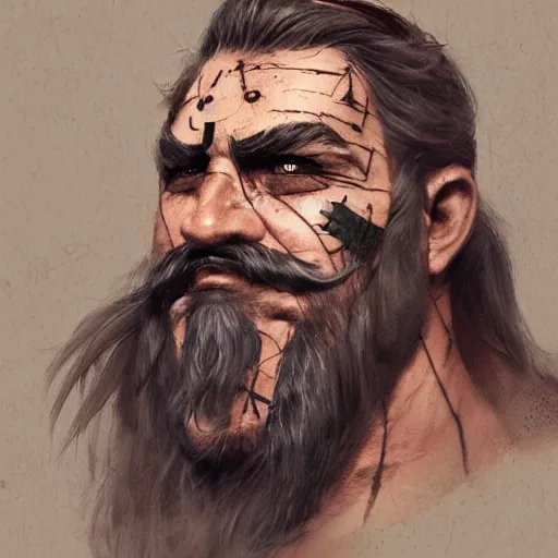 Image similar to portrait old barbarian warrior with face tattoo and trucker mustache, 8 k, trending on art station, by tooth wu and greg rutkowski