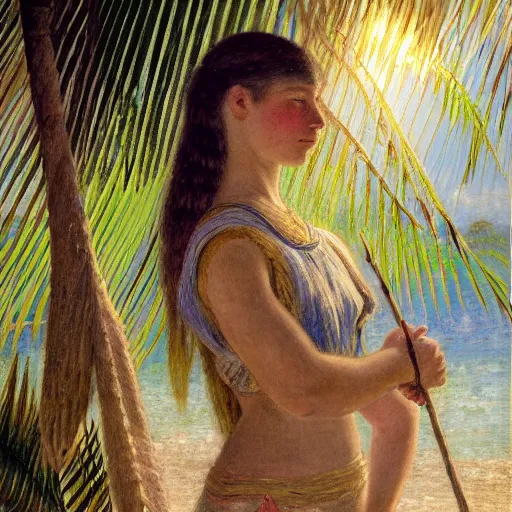 Image similar to a ultradetailed beautiful painting of a girl in the amazonas palace designed by jules bastien - lepage, hans belmer, frank weston and gustave baumann, beach, trending on artstation, mediterranean, palm trees, light sparkles, sharp focus, soft light, 8 k 4 k