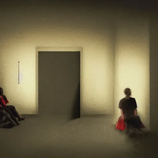 Image similar to a digital painting of people sitting in a room looking at the camera in a dark, abandoned room. dramatic lighting coming from the open door behind the camera, faces are visible.